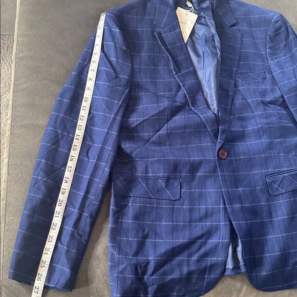 Men’s Blue Plaid 3 Piece Slim Fit Suit Notched Lapel Jacket 44 Pants 40 NEW - Picture 6 of 16